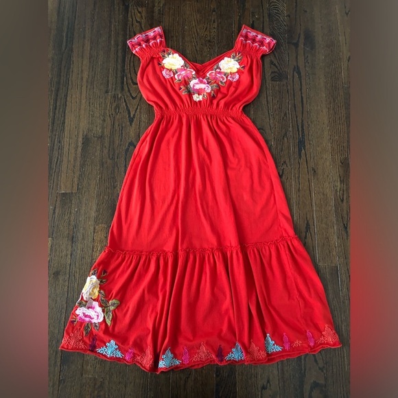 Johnny Was Dresses & Skirts - Johnny Was Women’s S Red Floral V-Neck Embroidered Midi Fit & Flare Dress